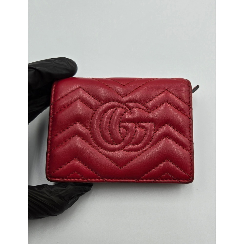 Gucci Marmont Red Leather Card Case Wallet Chevron Bifold Authentic - Picture 10 of 12